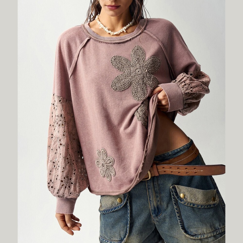 Mauve Crochet Floral Applique Eyelet Lace Sleeve Oversized Sweatshirt - Picture 6 of 8